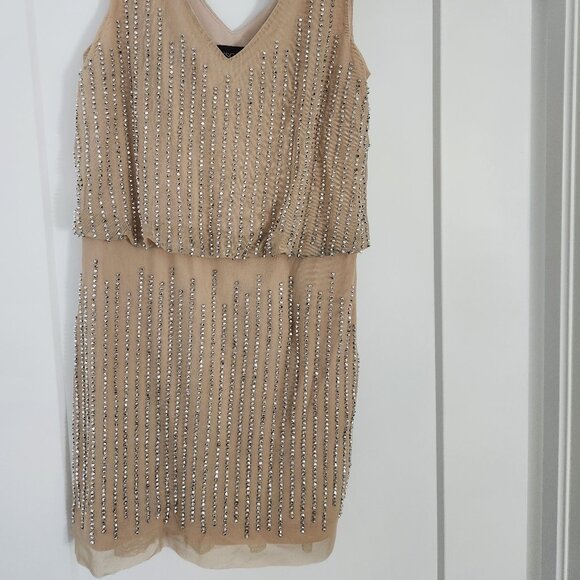 XSCAPE Dress Gold/Beige with vertical beads Size 4 - Picture 2 of 6